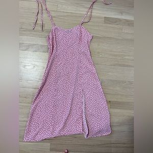 Pink midi dress with red strawberries S tie shoulder